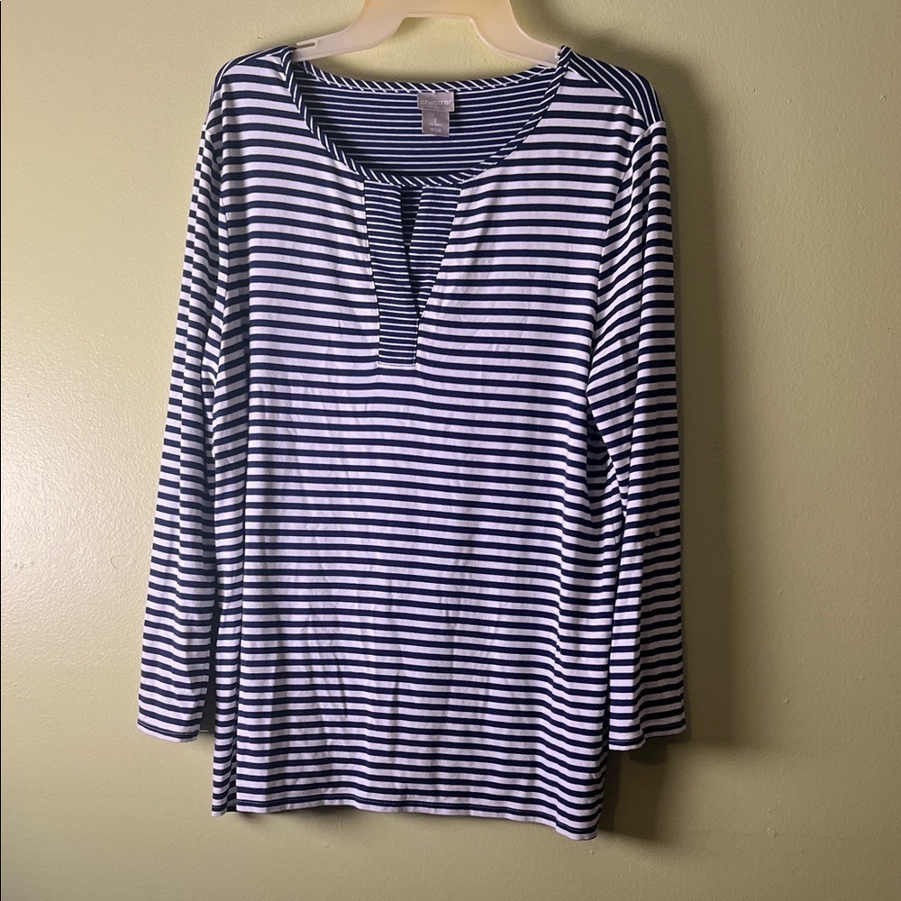 Chico's Navy and White Striped Top